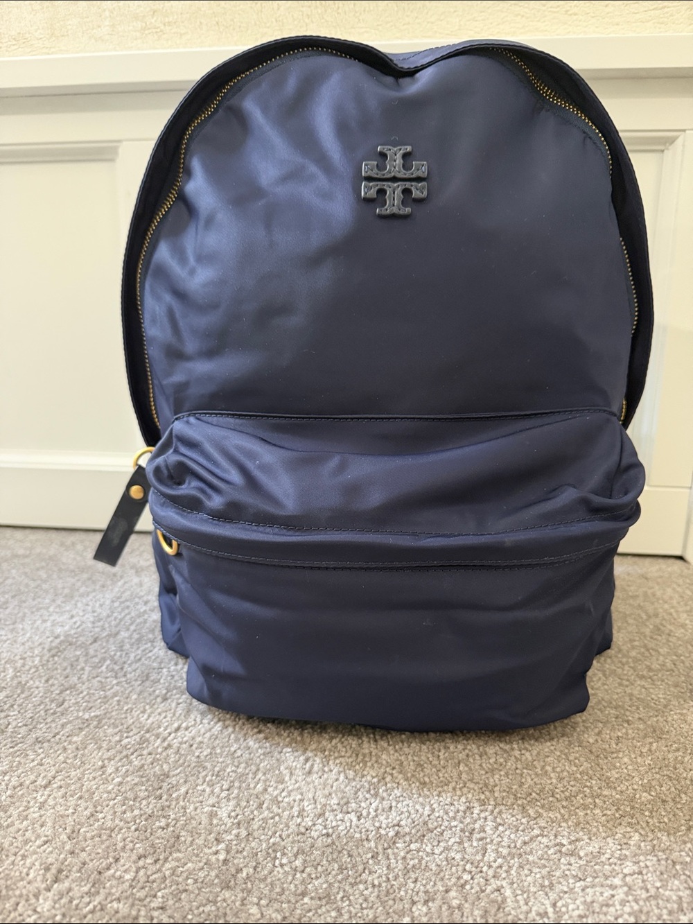 Tory Burch Navy Logo Nylon Backpack with Gold Accents